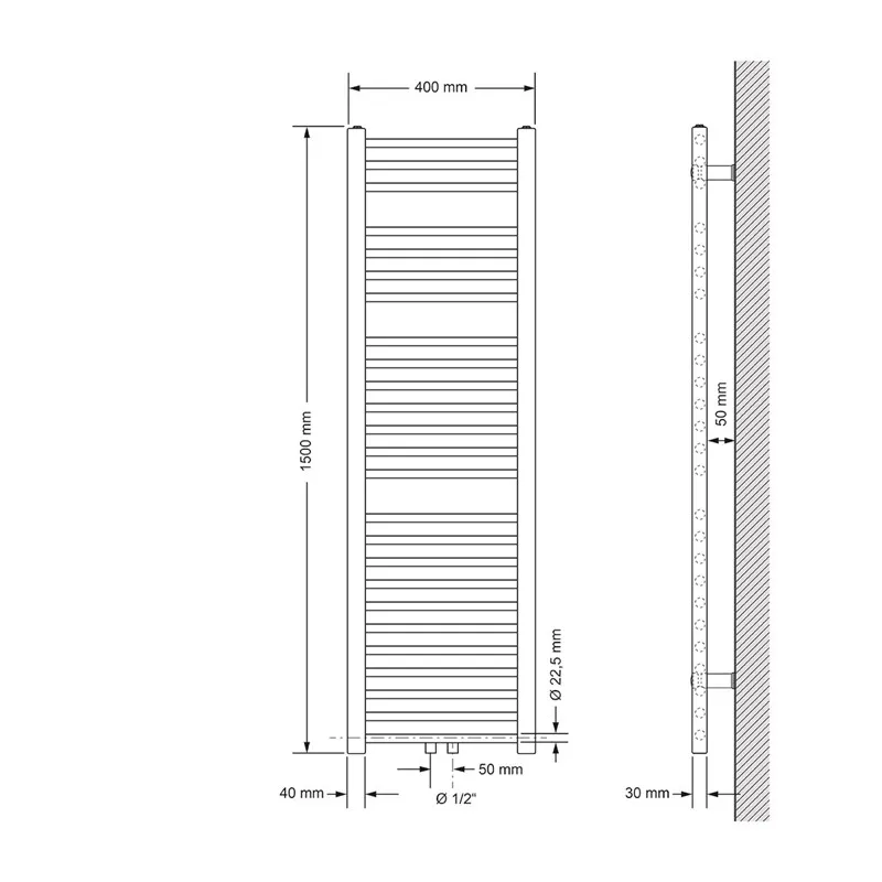 Badkamer radiator middenaansluiting 400x1500 mm chroom recht incl. montagemateriaal LuxeBath